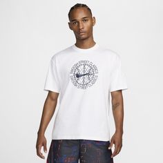 This Max90 tee has dropped shoulders, longer sleeves and a roomy fit through the body for a relaxed and casual look. Midweight cotton fabric is supersoft and smooth. Oversized Nike T-shirt With Graphic Print, Oversized Nike Graphic Print T-shirt, White Basketball T-shirt For Sports Season, White Short Sleeve T-shirt For Basketball, Nike Urban Relaxed Fit T-shirt, Nike Cotton T-shirt For Basketball, Cheap Basketball T-shirt With Logo Print, Basketball Short Sleeve T-shirt With Screen Print, Basketball T Shirt