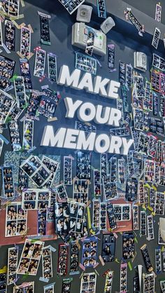 a wall with pictures and words on it that says make your memory written in white letters