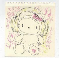 a drawing of a teddy bear with headphones on it's ears and holding a heart