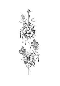 a black and white drawing of flowers on a branch with drops of water coming from them