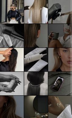 a collage of photos showing different types of hair and beauty products in various stages of being styled