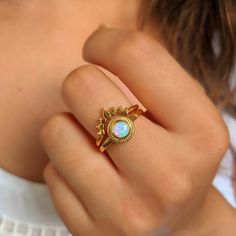 Ruth | Crown Opal Ring | Moon & Milk Moon Milk, Silver Smithing, Sterling Silver Opal Ring, Ring Moon, Silver Opal Ring, Opal Band, Synthetic Opal, Gold Crown, Blue Sapphire Rings