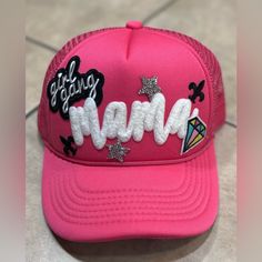 New Trucker Hat Style Mama Main Patch With Other Decorative Patches Adjustable Back Straight Silver Star Missing One Little Piece, Shown In Photo Mama Trucker Hat, Trucker Hats With Patches, Custom Snapbacks, Custom Made Hats, Bag Patches, Custom Trucker Hats, Hat Patches, Hat Style, Head Bands