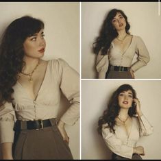 40s Outfit Inspiration, Dark Academia Romantic Body Type, Sweetheart Line Dress, Romantic Fall Makeup, Modern 30s Fashion, Modern Elvish Outfits, Womens Vintage Pants, Blouse And Slacks Women, 2023 High Fashion Trends