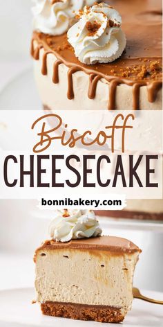 a piece of cheesecake on a white plate with the words biscoff cheesecake above it