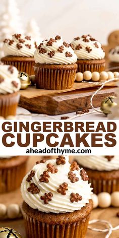 gingerbread cupcakes with white frosting and chocolate sprinkles on top