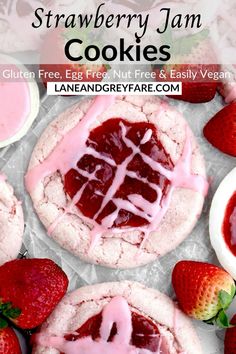 strawberry jam cookies with icing and fresh strawberries