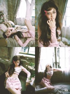 three pictures of a woman in pink clothing sitting on a bed and posing for the camera