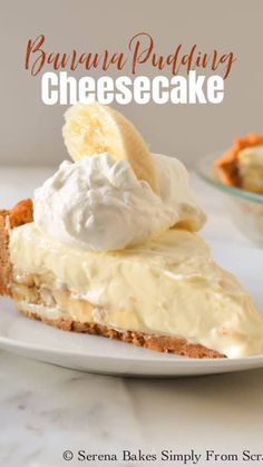 a slice of banana cream pie on a white plate