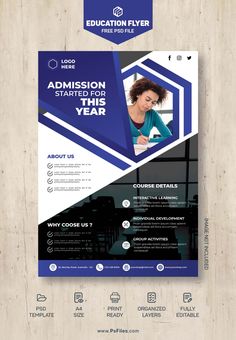 a blue and white flyer template for an education program with a woman in the background