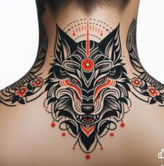 the back of a woman's neck with an intricate tattoo design on her chest