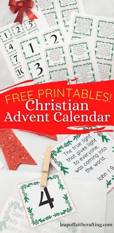 christmas printables for the christian calendar with red ribbon and green leaves on it