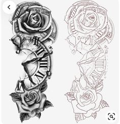 Tattoo Stencils For Men, Clock And Rose Tattoo, Half Sleeve Tattoos Sketches, Half Sleeve Tattoo Stencils, Half Sleeve Tattoos Drawings, Rose Tattoos For Men, Pretty Hand Tattoos, Men Tattoos Arm Sleeve, Cool Arm Tattoos