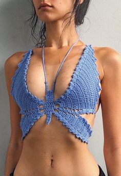 Blue Sexy Midriff Top Outfit. It is sexy, comfy and classy. It is good for elegant ladies and seductive women. Top Borboleta, Butterfly Tank Top, Lace Up Tank Top, Mode Crochet, Boho Festival Fashion, Crochet Butterfly, Butterfly Top, Womens Camisoles, Crochet Halter