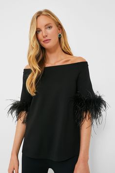 Black Feather Miranda Off The Shoulder Blouse | Tuckernuck Glasses Trends, Minimalist Silhouette, Off The Shoulder Blouse, Party Pants, Bold Jewelry, White Feathers, Perfect Wardrobe, Black Feathers, Night Looks