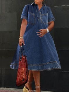 Affordable price buy Denim Dresses on Stylewe, SPU: 1EDE4P0FA5, Color: Denim Blue, Elasticity:No Elasticity, Edition type:Loose. Denim Dress Outfit Summer, Denim Shirt Dress Outfit, Nigeria Dress, Loose Denim Dress, Denim Shirt Dress Women, Casual Denim Dress, Shirt Collar Pattern, Sweet Dresses, Blue Jean Dress