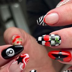 Red Vegas Nails, Fun Black Nail Designs, Skull Cherry Nails, Cool Nail Designs 2024, Simple Vegas Nails, Vegas Theme Nails, Food Nails Designs, 50s Nails, Elegant Black Nails