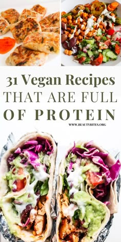 the cover of 31 vegan recipes that are full of protein, including pita bread and salads