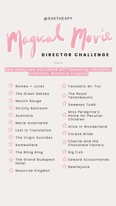 a pink and white poster with the words, sherpy's magic movie director challenge