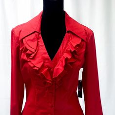 Women's Ruffled Collar Button Down Shirt V-Neck Business Casual Blouse Bnwt Brand: Bisou Bisou Size : Color : Type: Features : Sleeve : Material : Made In : Rn : Occasion : Washing Technique : Pattern : Condition : Pet & Smoke Free Home, Happy Poshing! Red V-neck Blouse With Buttons, V-neck Shirt With Button Closure For Party, Red V-neck Top For Office, Fitted V-neck Shirt With Button Closure, Red V-neck Blouse With Button Closure, Red V-neck Shirt For Workwear, Red Party Blouse With Buttons, Red Button-up Blouse For Party, Red Button-up Party Blouse