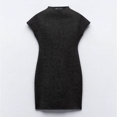 Short Knitted Dress With A Tight Fit. Stand-Up Collar, Short Sleeves. Color: Black / Silver | 5039/644 New With Tags Short Knit Dress, Short Fitted Dress, Black And Silver Dress, Stretch Knit Dress, Zara Woman Dress, Zara Shorts, Zara Black, Long Sleeve Mini Dress, Bodycon Mini Dress