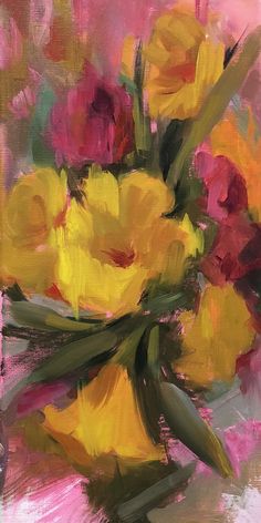 a painting of yellow and red flowers in a vase