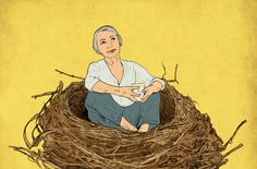 an older woman sitting in a bird's nest