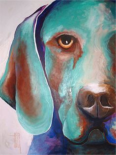 a painting of a dog with orange eyes