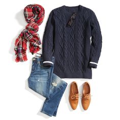 For a cold-weather weekend look, opt for a classic crewneck with distressed denim & a plaid blanket scarf for an extra cozy factor. Oxford Style Outfit, Cozy Cold Weather Outfits, Scarf Sign, Stitch Fit, Oxford Style, Stitch Fix Outfits, Plaid Blanket Scarf, Sweater Scarf, Red Scarf