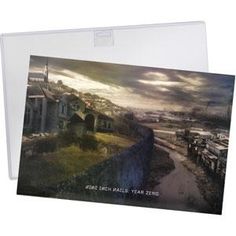 two greeting cards with an image of a river and houses in the background, both printed on clear plastic