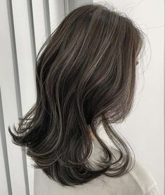 Textured Layers Haircut, Light Highlights For Black Hair, Highlight Inspo For Dark Hair, Layered Black Hair With Highlights, Black Hair With Brown Highlights Asian, Dark Brown With Cool Tone Highlights, Layered Hair With Highlights Brunettes, Ash Beige Highlights On Dark Hair, Smokey Beige Balayage