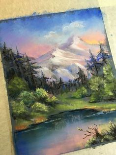 an oil painting of a mountain lake and trees