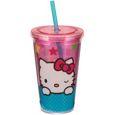 a plastic cup with a hello kitty design on the side and a straw in it