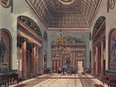 an ornately decorated room with chandeliers and paintings