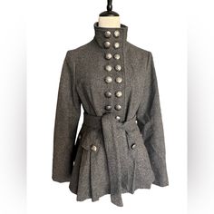 Excellent Pre-Owned Condition Military Style With Very Warm Wool And Double Breasted Button Front Closure High Neck Stand Up Collar Fully Lined Colorful Paisley Interior Boho Style Peplum Coat Elegant Gray Outerwear With Buttons, Silver Winter Outerwear For Work, Silver Outerwear For Work In Fall, Labyrinth Aesthetic, Peplum Coat, Interior Boho, Boho Interiors, Free People Jacket, Stand Up Collar