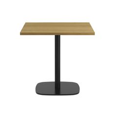 a square table with a black base and a light wood top, viewed from the front