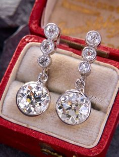 Diamond Drop Earrings, Diamond Drops, European Cut Diamonds, Diamond Set, One 1, Bezel Setting, Estate Jewelry, Women's Earrings, Diamond Cuts