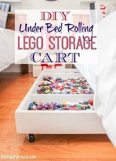 an under bed rolling lego storage cart is shown with the words diy under bed rolling