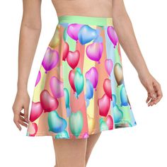 Cute pastel Kidcore striped skater skirt with heart shaped balloons floating about. The soft fabric and flared cut of this skirt are just a few of the reasons why it's bound to become a favorite in your wardrobe. The flattering silhouette looks great on any body type, and thanks to the elastic waistband, you'll feel extra comfy. ❤️ Features: * Smooth fabric * Above the knee Mid-thigh length * Elastic waistband * Overlock seams, coverstitch hemline ❤️ Sizes: * XS - 3XL Please ensure you use accur Pastel Kidcore, Circle Skirt, Spandex Fabric, Above The Knee, Skirt Length, Skater Skirt, Soft Fabrics, Looks Great, Fabric Weights