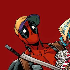 a deadpool character holding a box of popcorn and a knife in his right hand