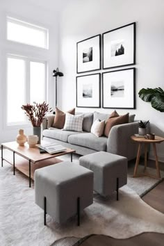 a living room filled with lots of furniture and pictures on the wall above it's coffee table