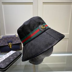 Size: Standard Size It comes with Dust box, Care manual, Tag, and Paper bag. Designer Flat Brim Hat For Travel, Designer Flat Brim Travel Hat, Luxury Travel Visor Hat, Designer Adjustable Hats For Travel, Designer Visor Hats For Travel, Designer Adjustable Bucket Hat With Curved Brim, Designer Adjustable Visor Hat, Designer Black Bucket Hat, Gucci Hat