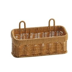 a wicker basket with handles on a white background