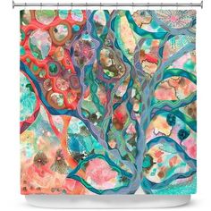 a shower curtain with an abstract painting on it