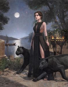 a painting of a woman standing in front of two black cats and a full moon