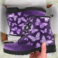 Cruise through any season with style and comfort with our new luxury designer butterfly boots! Features vegan-friendly PU leather with a double-sided print and rounded toe construction. Lace-up closure for a snug fit. Waterproof material to make sure you easily cruise through any season! Soft textile lining with sturdy construction for maximum comfort. High-quality rubber outsole for traction and exceptional durability. Every Purchase directly contributes to save the elephants: Our Promise First Butterfly Boots, Mystical Butterfly, Purple Boots, Save The Elephants, Witch Outfit, Purple Shoes, Purple Love, All Things Purple, Light Boots