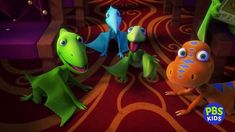 some very cute looking cartoon animals in a room