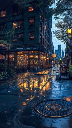 a city street at night in the rain