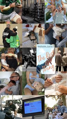 collage of photos with people and children in the park, one man is holding a baby