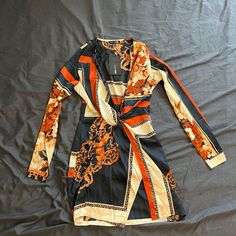 Fashion Nova Orange Printed Party Dress, Orange Printed Mini Dress For Party, Orange Long Sleeve Dress For Night Out, Orange Long Sleeve Dress For Date Night, Elegant Orange Floral Print Mini Dress, Dress Navy Blue, Navy Blue Dresses, Blue Cream, Burnt Orange